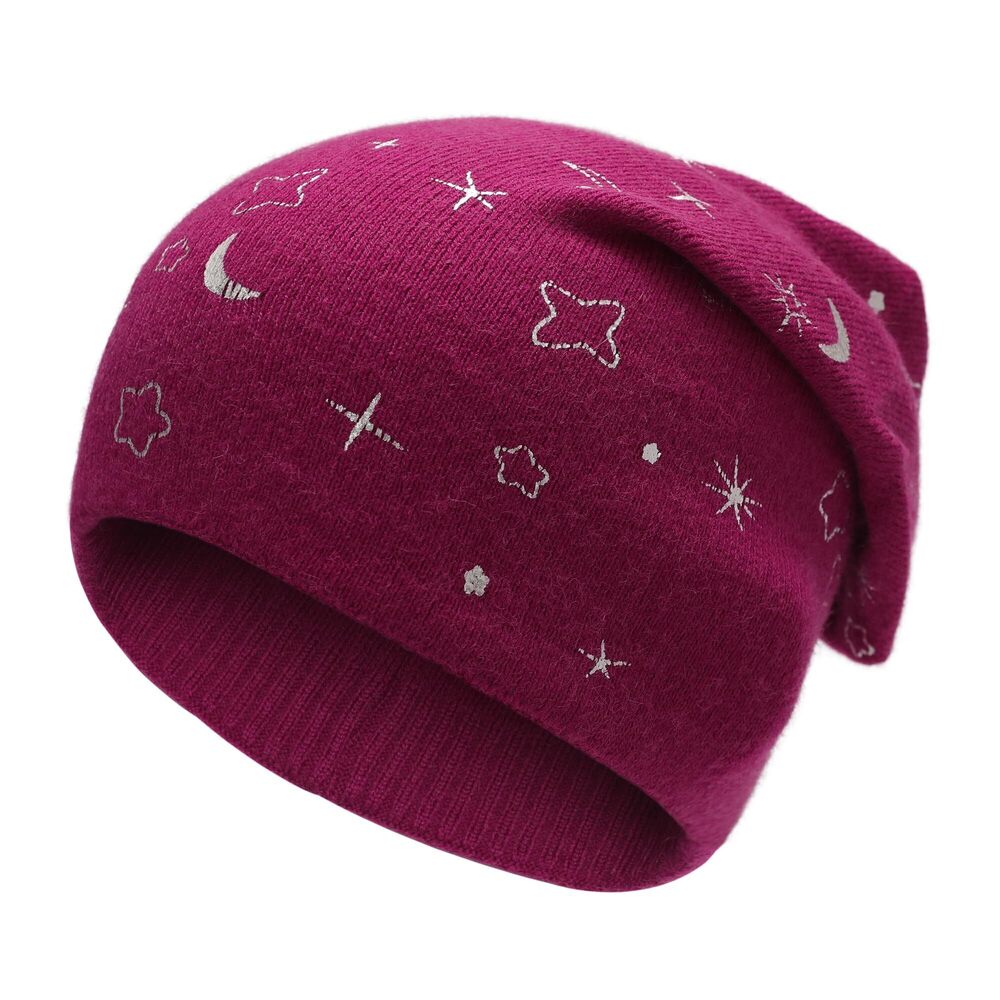 9494 Knit Slouchy Beanie Hats Soft Winter Stretch Skull Cap Stars Raspberry